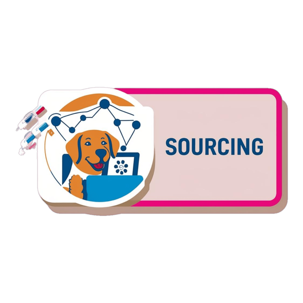 Ultimutts Singapore's 'Sourcing', featuring a cartoon Labrador on a laptop with a network diagram.