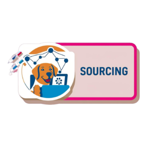 Ultimutts Singapore's 'Sourcing', featuring a cartoon Labrador on a laptop with a network diagram.